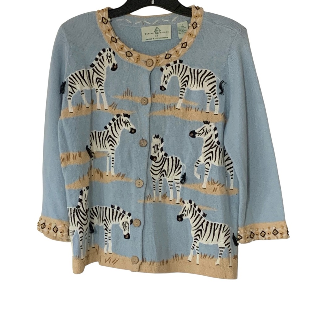 Design Options Small Quirky Novelty Zebra Print Ramie/Cotton Blend Cozy Cardigan